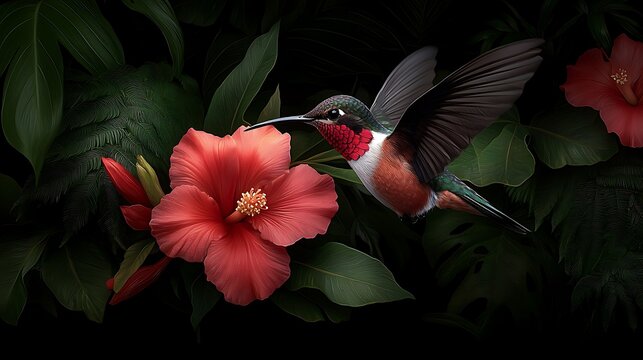 A vibrant hummingbird hovering near a bright hibiscus flower amidst lush green foliage (1)