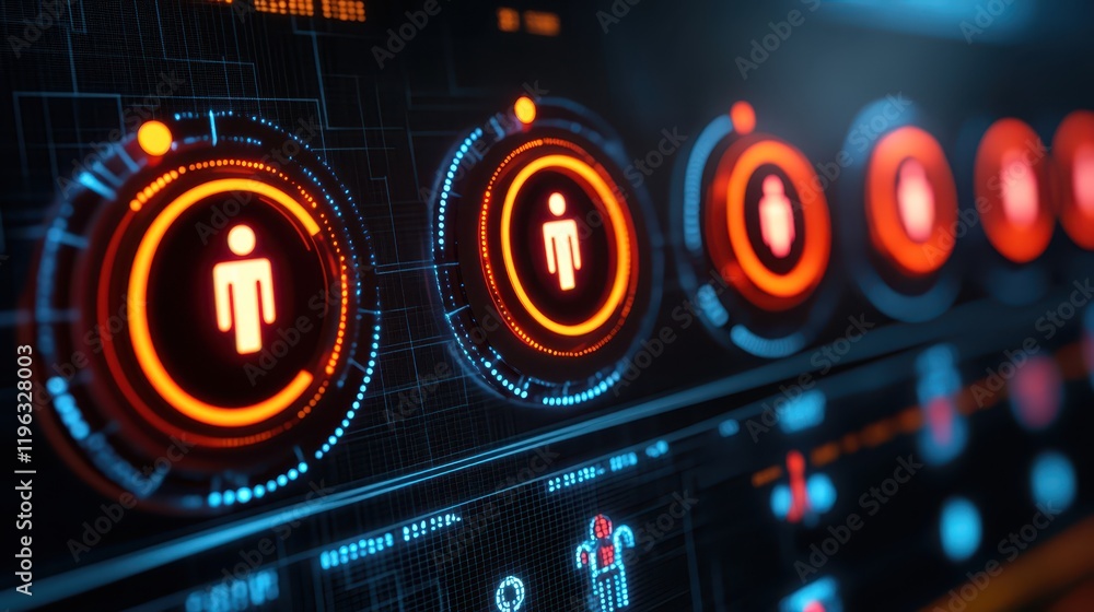 Poster closeup of red and blue buttons on control panel, detailed view of interface design for modern techn