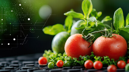 Fresh tomatoes and greens with digital nutritional data overlay, showcasing healthy eating and technology. vibrant display of vegetables emphasizes nutrition and freshness