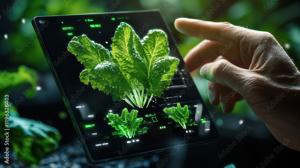 Poster digital representation of smart farming dashboard displaying vibrant lettuce plants. interface showcases data analytics and growth metrics, enhancing agricultural efficiency