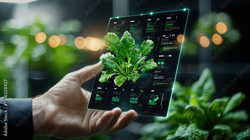 Aufkleber digital representation of smart farming dashboard displaying plant data and analytics. interface shows growth metrics and environmental conditions for optimal farming