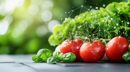 Fresh tomatoes and greens with digital nutritional data overlay, showcasing healthy eating and technology in agriculture. vibrant display of nature and innovation