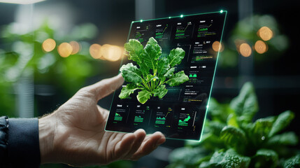 digital representation of smart farming dashboard displaying plant data and analytics. interface shows growth metrics and environmental conditions for optimal farming