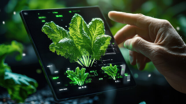 digital representation of smart farming dashboard displaying vibrant lettuce plants. interface showcases data analytics and growth metrics, enhancing agricultural efficiency
