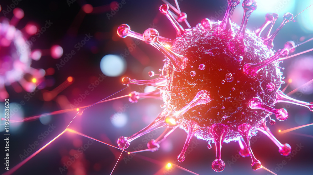 Fototapete vibrant 3D illustration of microscopic virus, showcasing intricate details and glowing features. dynamic colors and structure create captivating visual representation of viral biology