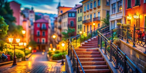 Fototapeta premium Rail-lined staircase balcony transforms into a whimsical miniature city, via AI tilt-shift artistry.