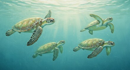 Fototapeta premium Peaceful Green Sea Turtles Underwater Ocean Wildlife Painting Art Calm Shell Color Image Photo Marine Animal 