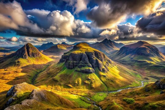 Scottish Highlands panorama: Sgurr Alasdair and Sgurr Mhic Choinnich mountains rise majestically.