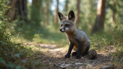 A small fox sitting on a dirt road in the woods