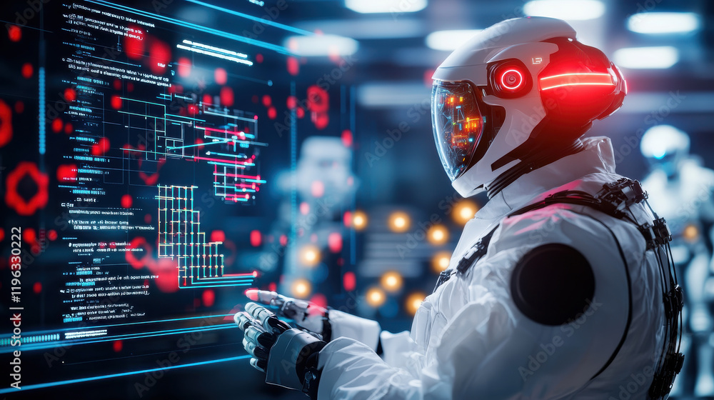 Poster futuristic engineering lab featuring robotic assistant interacting with advanced technology. environment is illuminated with digital displays and holographic interfaces, creating high tech
