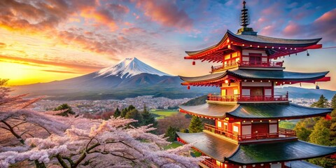 Fototapeta premium Stunning Asian nature photography: Rule of thirds elevates Japan's cherry blossoms, Fuji, temples, and rice paddies.