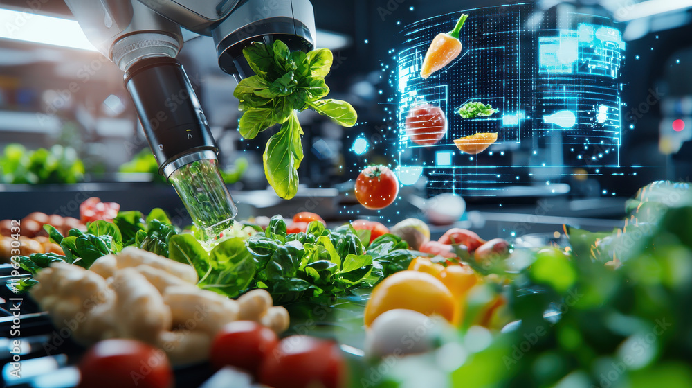 Aufkleber futuristic food factory with machines creating custom meals using fresh vegetables and digital technology. scene showcases innovation in food production and automation
