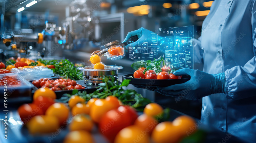 Aufkleber futuristic food factory with machines creating custom meals, showcasing chef preparing fresh tomatoes and greens with advanced technology
