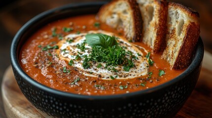 A steaming bowl of creamy tomato soup garnished with herbs, served with toasted bread on a wooden table
