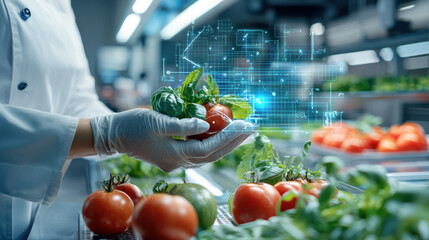 futuristic food lab showcasing digital technology in agriculture, featuring hand holding fresh tomatoes and greens, symbolizing innovation in food production