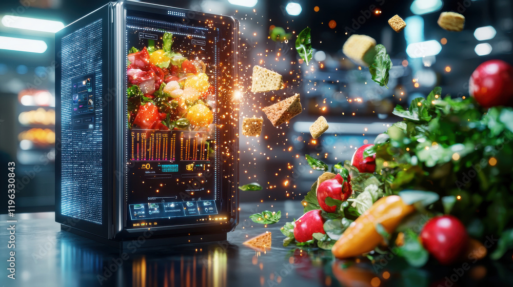 Poster futuristic food vending machine displays vibrant fruits and vegetables, with ingredients dynamically