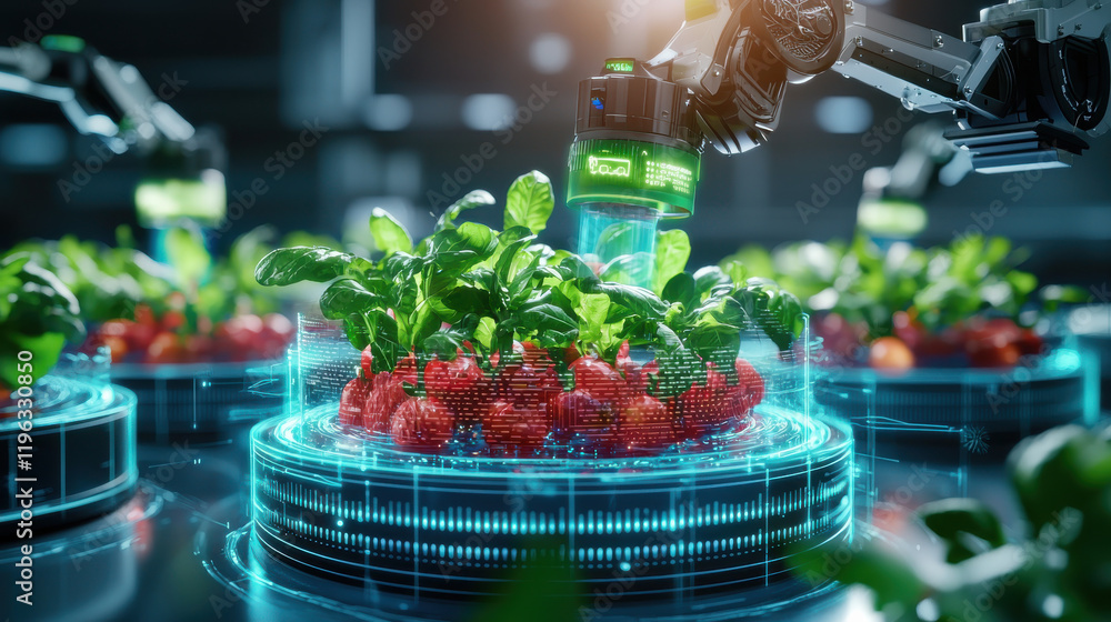 Poster futuristic food packaging system with robotic arms harvesting plants. this advanced technology showc