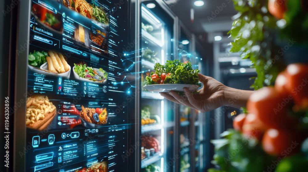 Aufkleber futuristic food vending machine with interactive screen displays various food options. hand reaches 