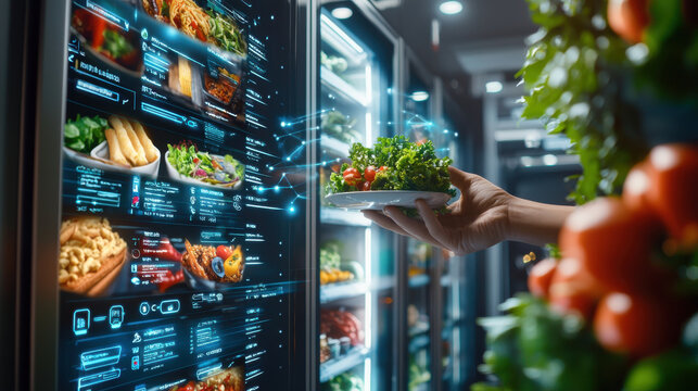 futuristic food vending machine with interactive screen displays various food options. hand reaches out to grab plate of fresh salad, showcasing modern technology in food selection
