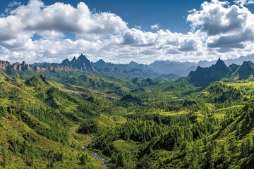 Naklejka premium Majestic Green Mountains: A Panoramic Vista of Serene Nature's Beauty, Lush Foliage and Tranquil 