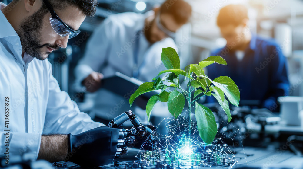 Leinwandbilder innovative scientists working on futuristic project with plant and technology. scene showcases colla