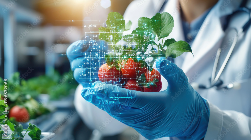 Poster scientist in lab holds strawberries with digital data overlay, showcasing innovative research in fru