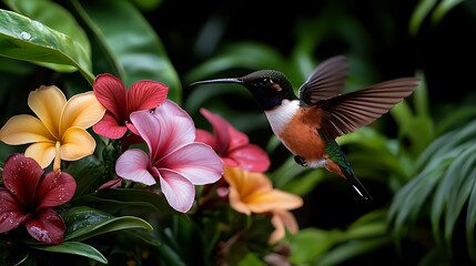 Naklejka premium A vibrant hummingbird hovering near colorful tropical flowers in a lush garden setting