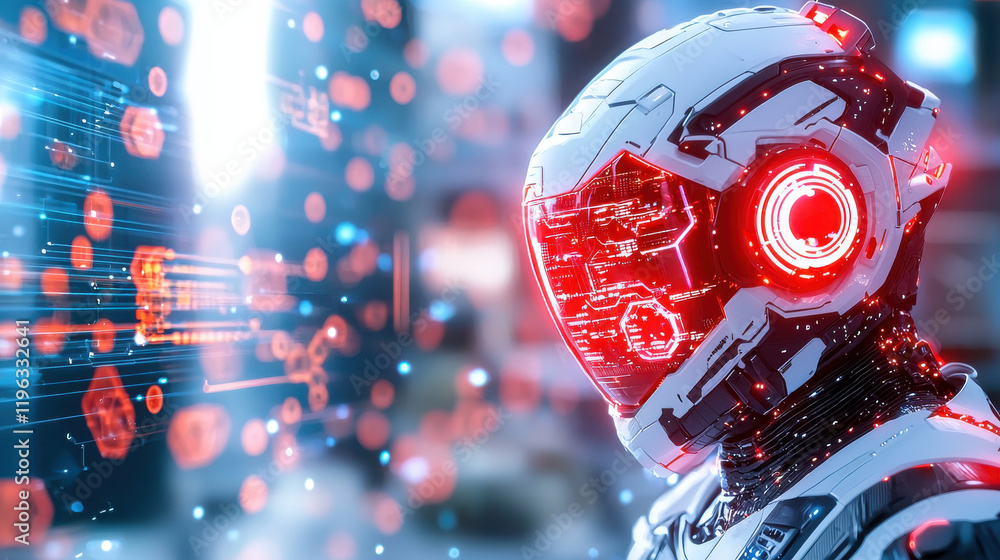 Aufkleber Futuristic robotic helmet with glowing red features and digital elements, showcasing advanced technology and design. captivating blend of innovation and aesthetics