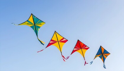 Four colorful kites flying in a blue sky with white clouds.
