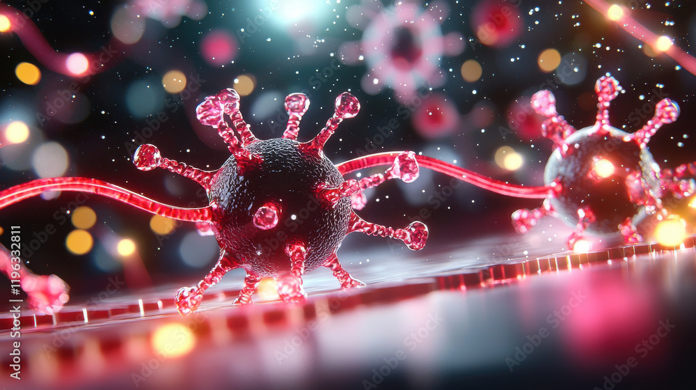 Fototapete futuristic rendering of nanotechnology biotechnology, showcasing intricate virus structures with glo
