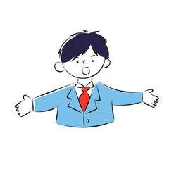 Simple hand-drawn illustration of a male student wearing a blazer with his arms outstretched.