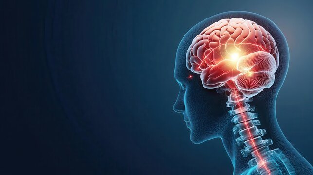 Brain with glowing pain relief pathways, neurological treatment, 3D illustration