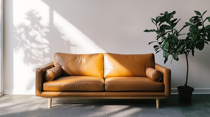 Obraz premium A tan leather couch sits in front of a large potted plant. generated by AI