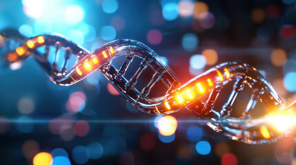 stunning representation of DNA double helix, showcasing vibrant colors and futuristic lighting effects. This captures essence of biotechnology and genetic research