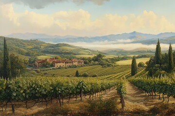 Naklejka premium Sun-drenched Vineyard Panorama: Rolling Hills, Lush Vines, Scenic Beauty sky view wine farm calm 