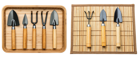 Gardening tools set in wooden tray isolated with transparent background