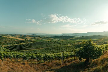 Naklejka premium Sun-drenched Vineyards and Orchards Panoramic View, Lush Green Landscape sky wine calm rural fruit 