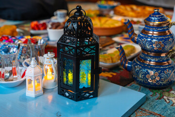 Ramadan Iftar Table. Muslim Family Having Dinner At Home. The fast ends with Dates or Turkish Pita. Ramadan Feast Celebrations, Eid Mubarak Concept Üsküdar Istanbul, Turkiye (Turkey)