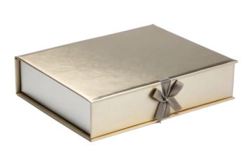Gold gift box with gray ribbon isolated with transparent background