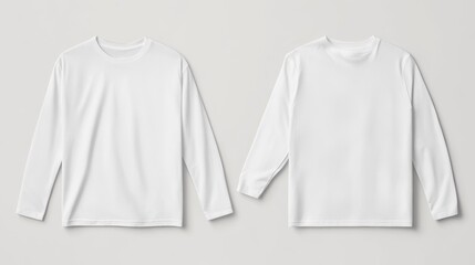 34.A detailed flatlay showing a plain white long sleeve t-shirt, displayed from both the front and back, on a clean, light-colored background. The shirt is free of logos or embellishments,