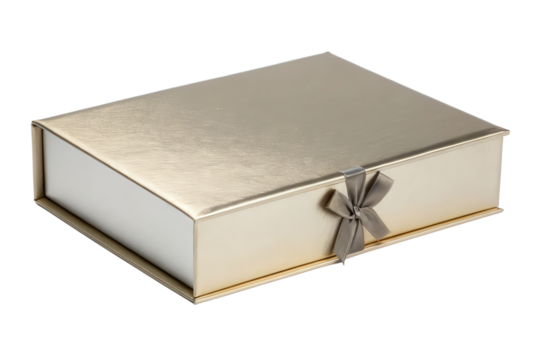 Gold gift box with gray ribbon isolated with transparent background