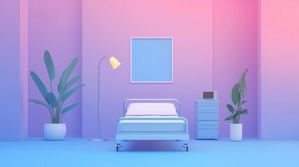 Hospital bed surrounded by glowing medical equipment, care environment, 3D illustration