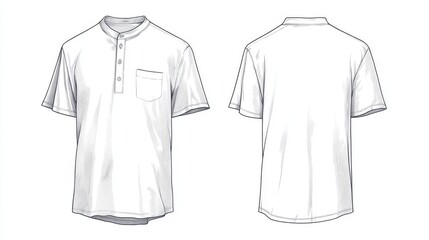 38.A technical fashion illustration of a half-button unisex t-shirt, displayed in both front and back views. The relaxed fit is carefully sketched with precise lines, and the shirt is presented in