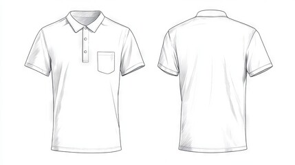 Naklejka premium 42.A fashion flat technical drawing of a half-button t-shirt, featuring a relaxed fit in both front and back views. The shirt is depicted with a minimal design in white, allowing designers to focus