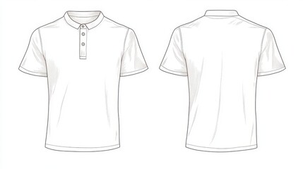 42.A fashion flat technical drawing of a half-button t-shirt, featuring a relaxed fit in both front and back views. The shirt is depicted with a minimal design in white, allowing designers to focus