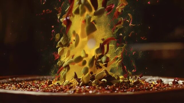 Spices falling into bowl, kitchen background, food photography, recipe website