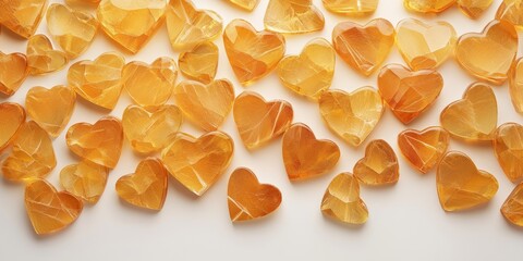 Collection of golden heart shaped crystal stone decorations scattered on a light banner background, creating a warm and inviting atmosphere
