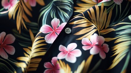 66.A close-up shot of a black Hawaiian shirt, designed with tropical leaves and floral patterns in bright hues. The shirt's short sleeves and relaxed fit are clearly visible, and the contrast between