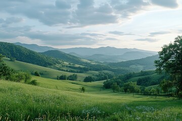 Fototapeta premium Majestic Carpathian Mountains: Breathtaking Sunrise Panorama, Serene Peaks, Rolling Hills, Lush 