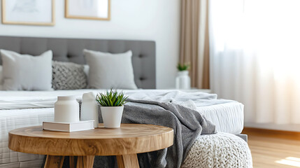A bedroom with a wooden table and a white comforter. generated by AI